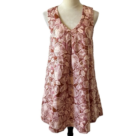 Tahari Pink Leaf Print V-Neck Sleeveless Linen A-Line Dress Pockets Size Small - Picture 1 of 11